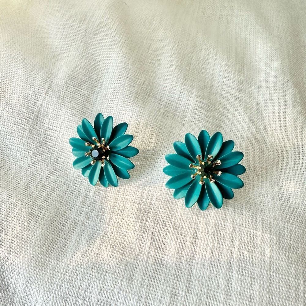 Dark aqua blue flower earrings